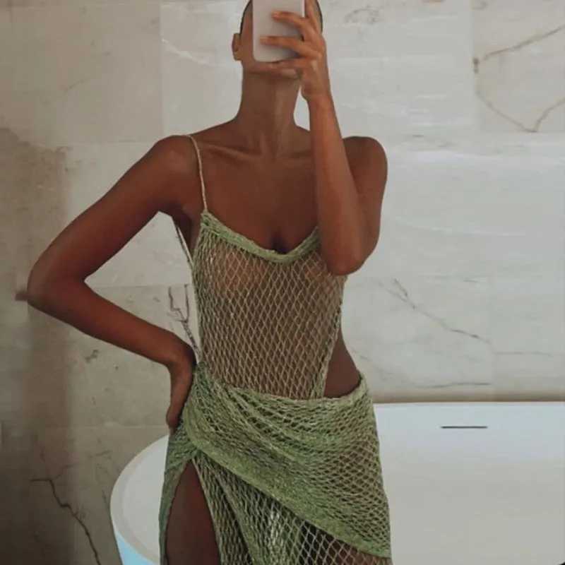 Neon Green Spaghetti High Slit Cocktail Party Dress RM025
