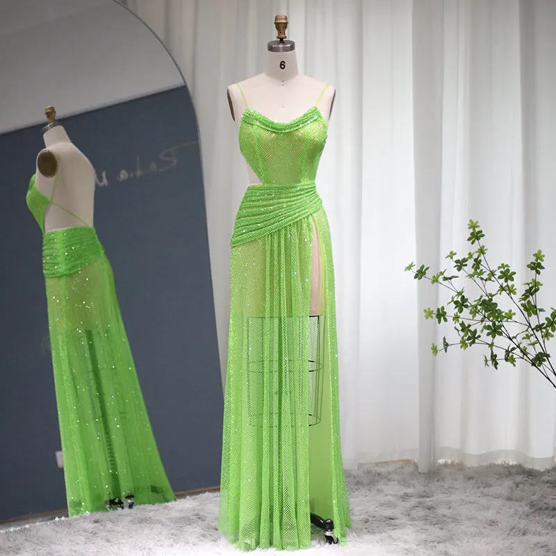 Neon Green Spaghetti High Slit Cocktail Party Dress RM025