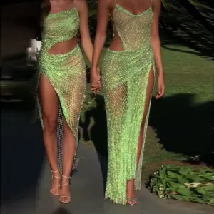 Neon Green Spaghetti High Slit Cocktail Party Dress RM025