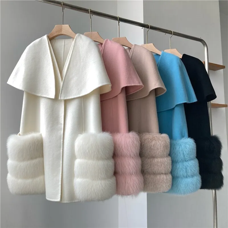 New 2023 Fall Winter Coats Luxury Women Real Lamb Wool Cashmere Fur Vest Waistcoat Stylish Long Real Fox Fur Jackets Cloak Coats
