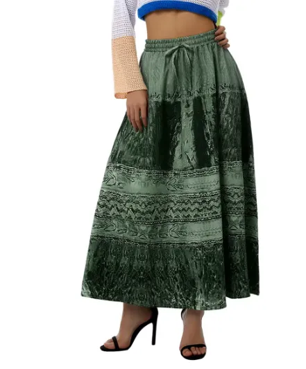NEW Vintage Print Flowy Hem Long Skirts for Women High Elastic Band Tie-up Pleated A-Line Skirt, Sz L fits like a M