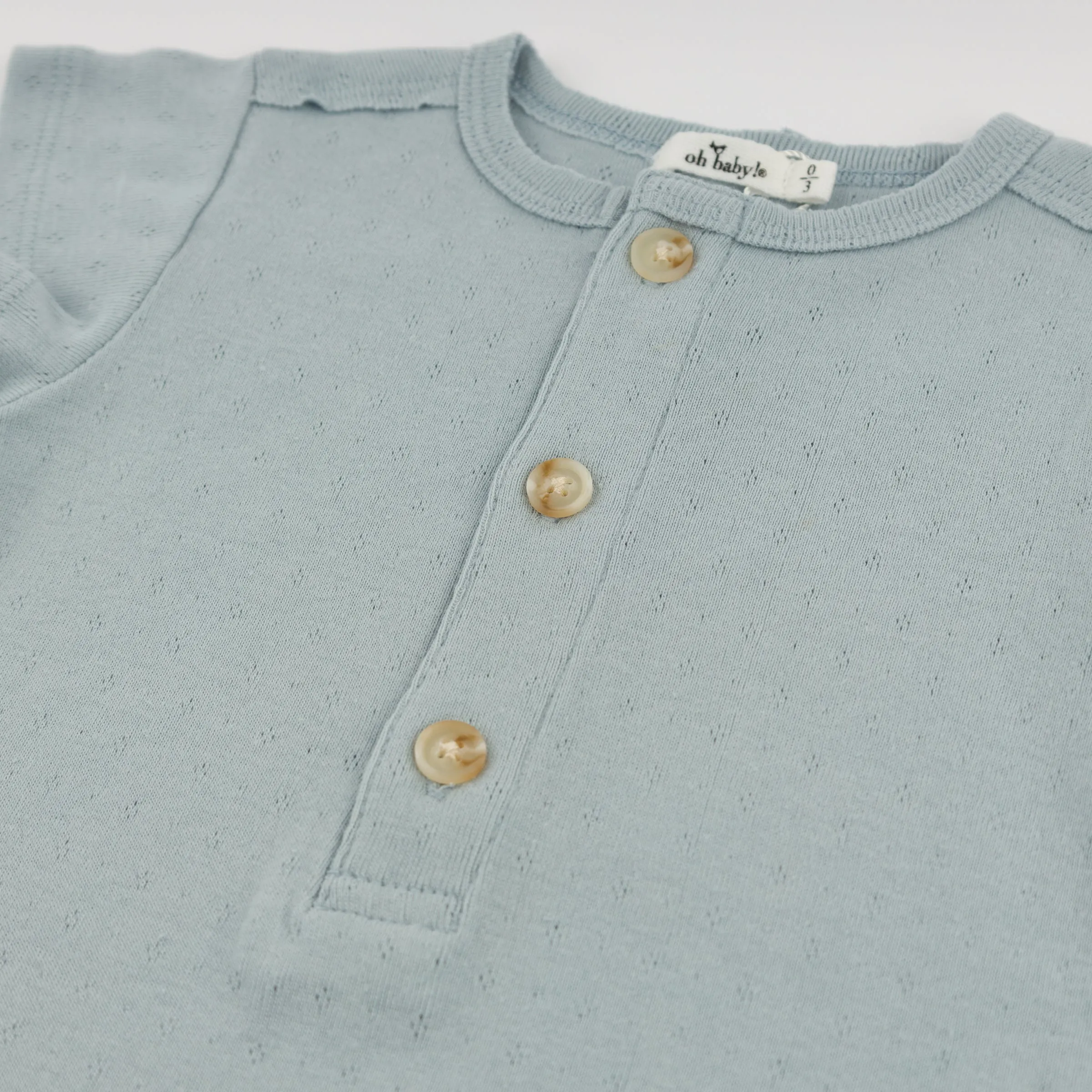 oh baby! Pointelle Raw Edge Short Button Romper - Twinkle - Sky Blue