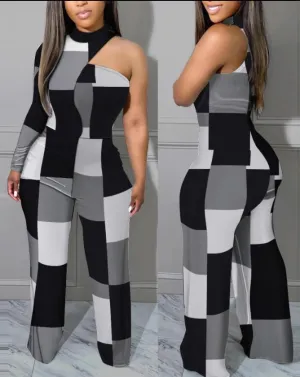 One Shoulder Checker Jumpsuit