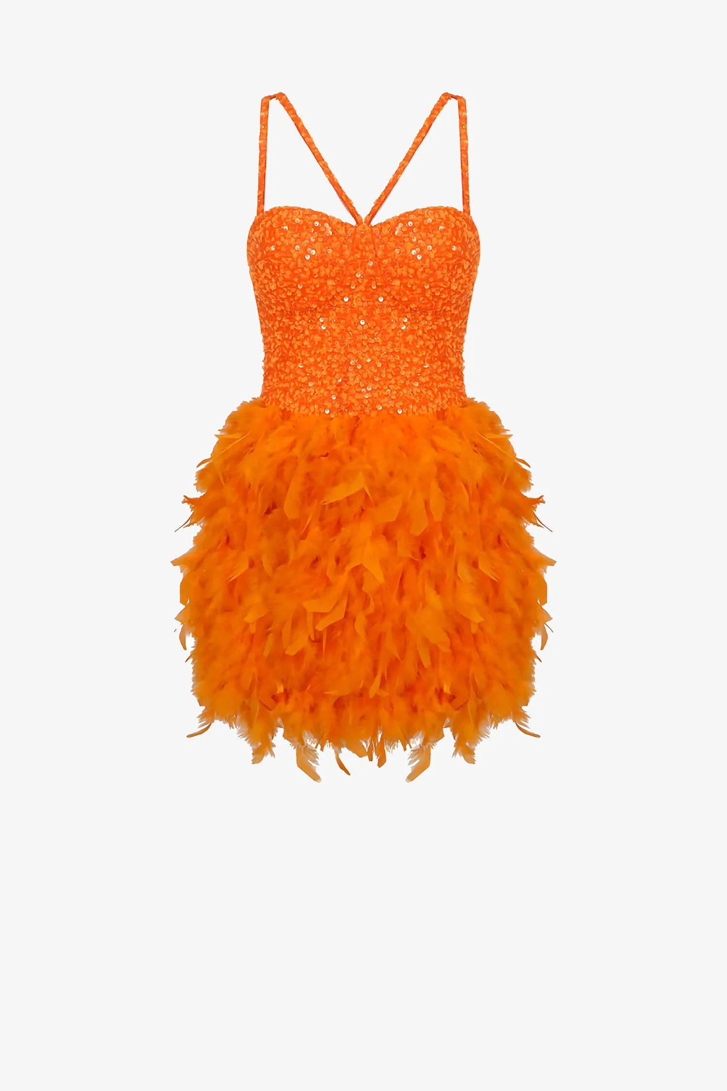 Orange Feather Embellished Sequin Mini Dress