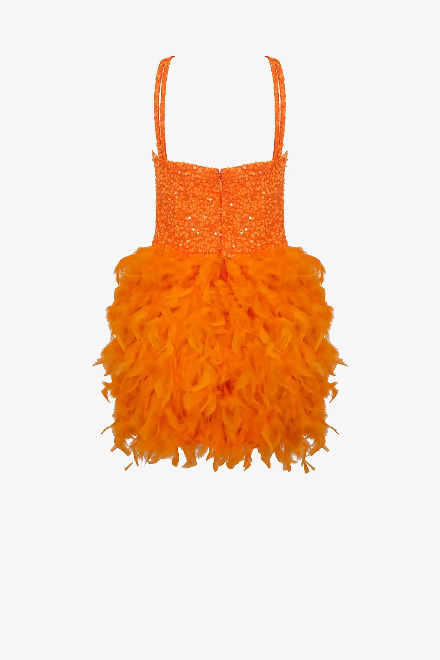 Orange Feather Embellished Sequin Mini Dress