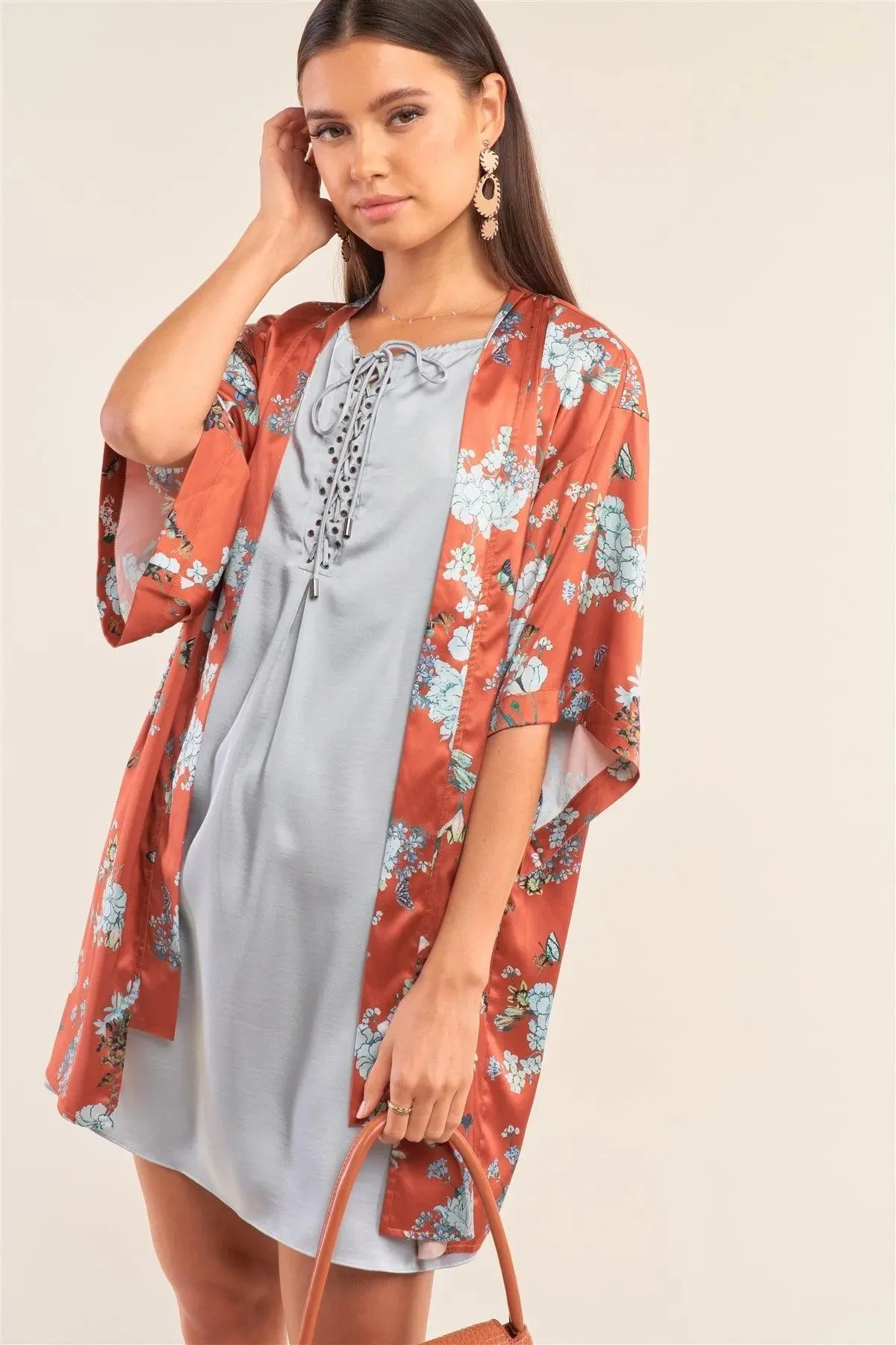 Orange Multicolor Satin Floral Open Front Dolman Sleeve Kimono /3-3