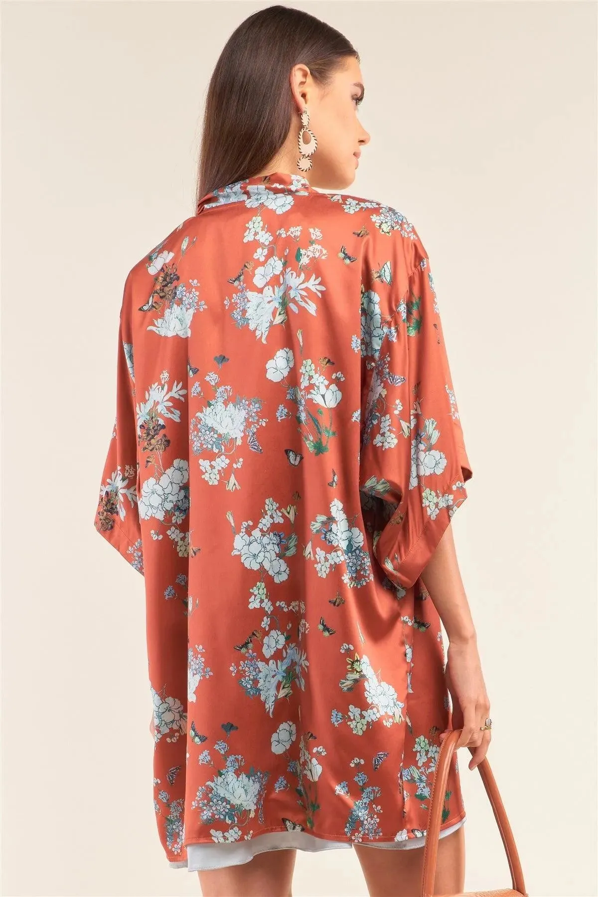 Orange Multicolor Satin Floral Open Front Dolman Sleeve Kimono /3-3