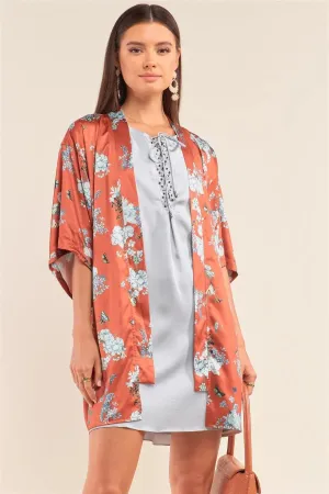 Orange Multicolor Satin Floral Open Front Dolman Sleeve Kimono /3-3
