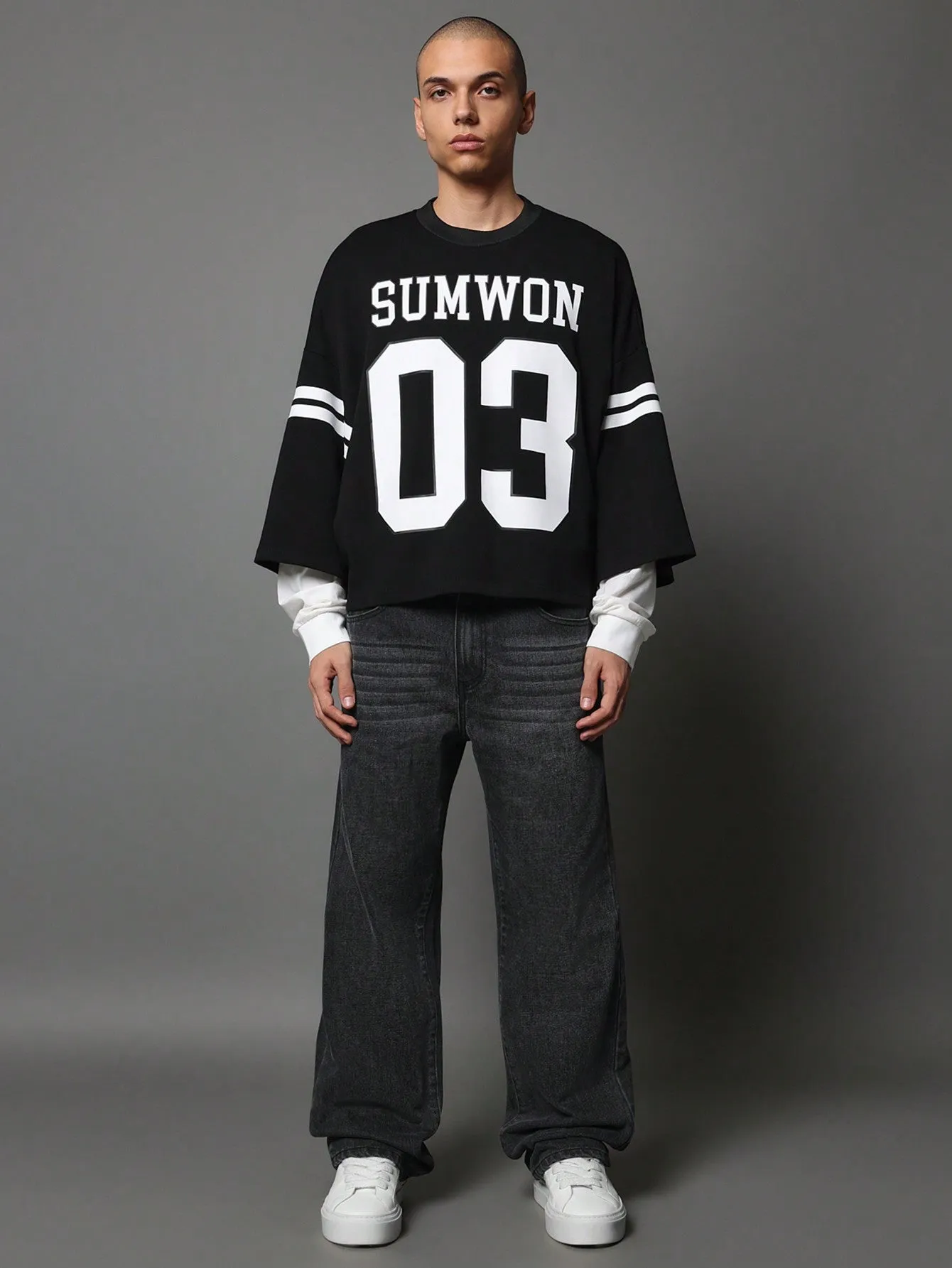 Oversized Elbow Sleeve Double Layer Jersey Tee With Graphic Print