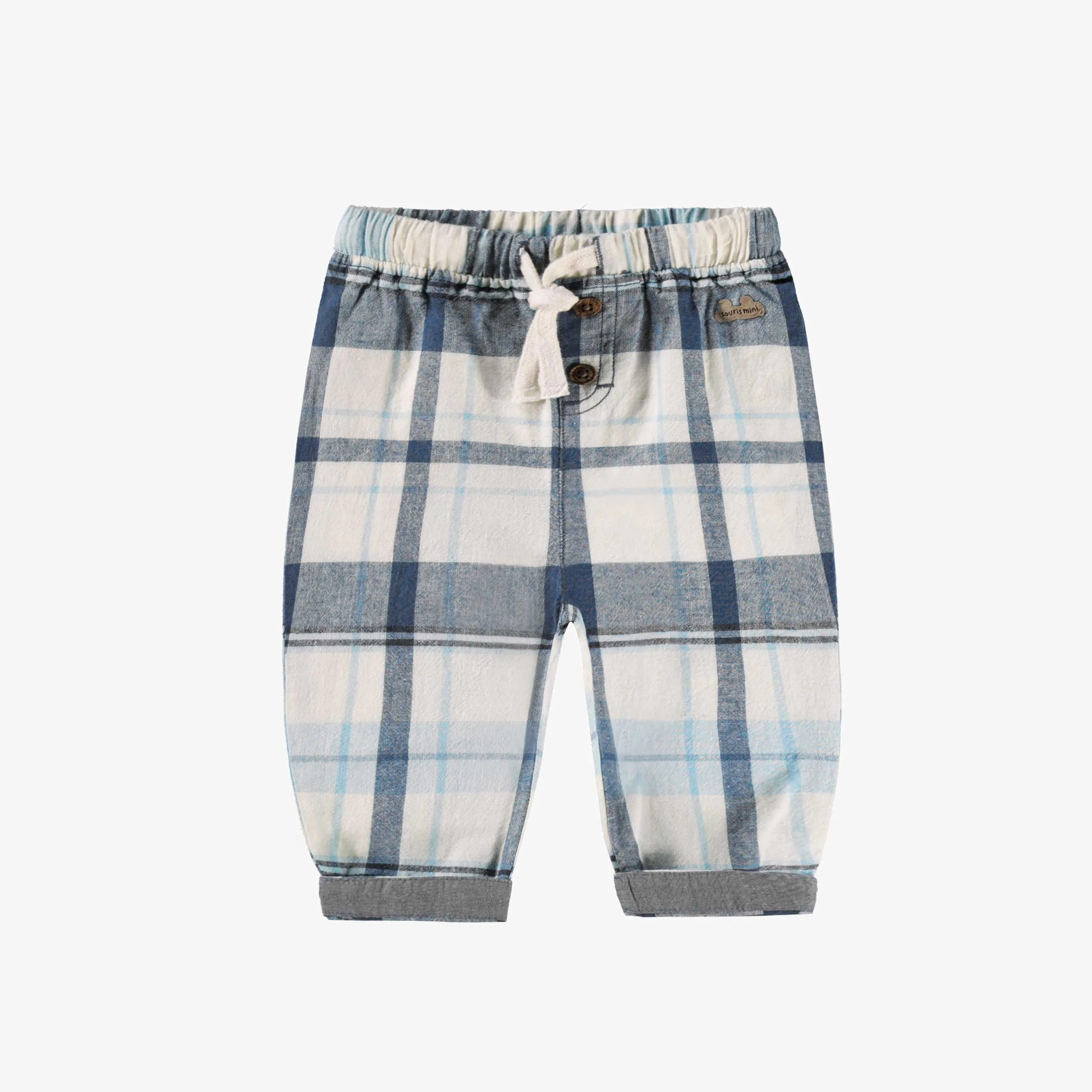 Pantalon bleu et crème à carreaux, naissance || Blue and cream plaid pants, newborn