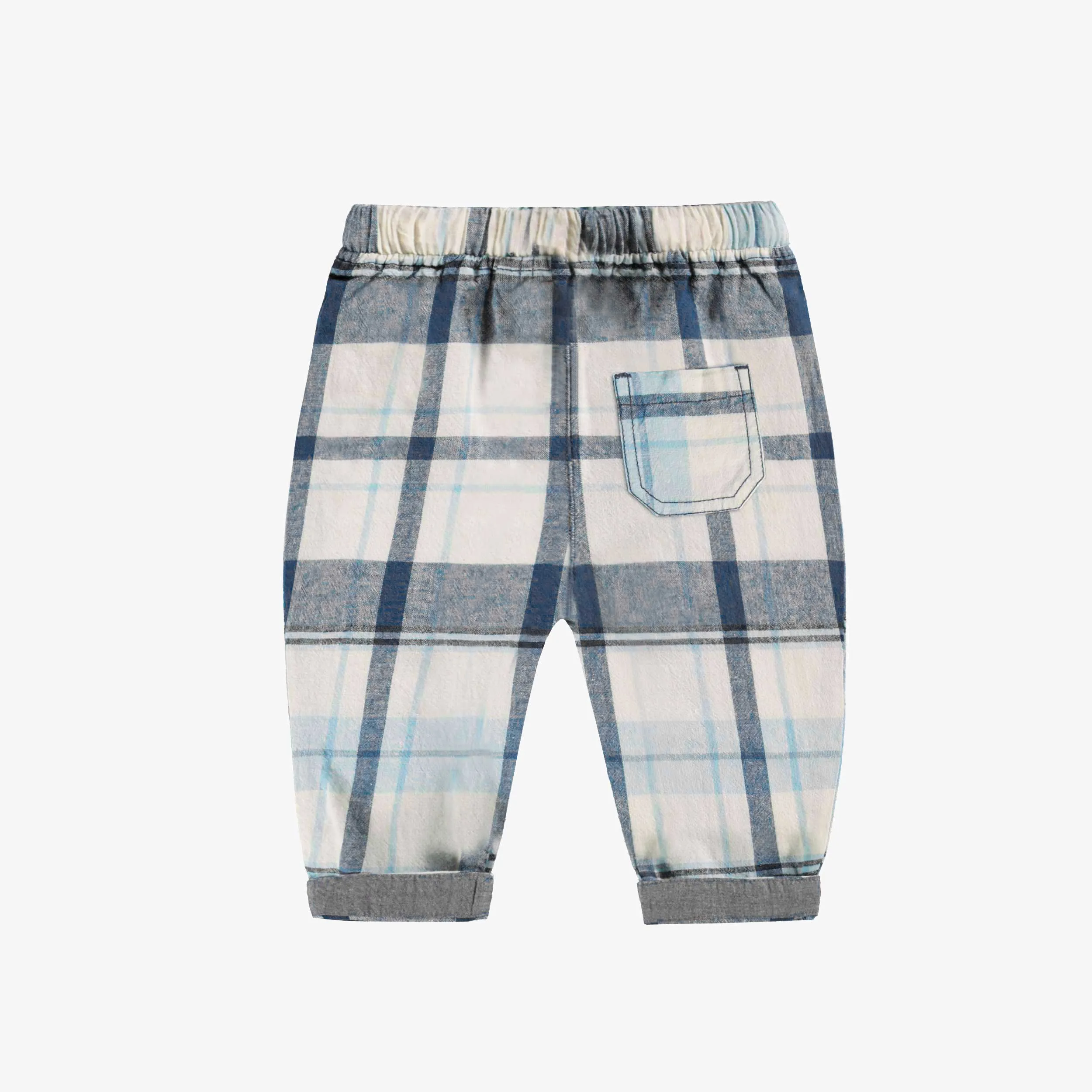 Pantalon bleu et crème à carreaux, naissance || Blue and cream plaid pants, newborn