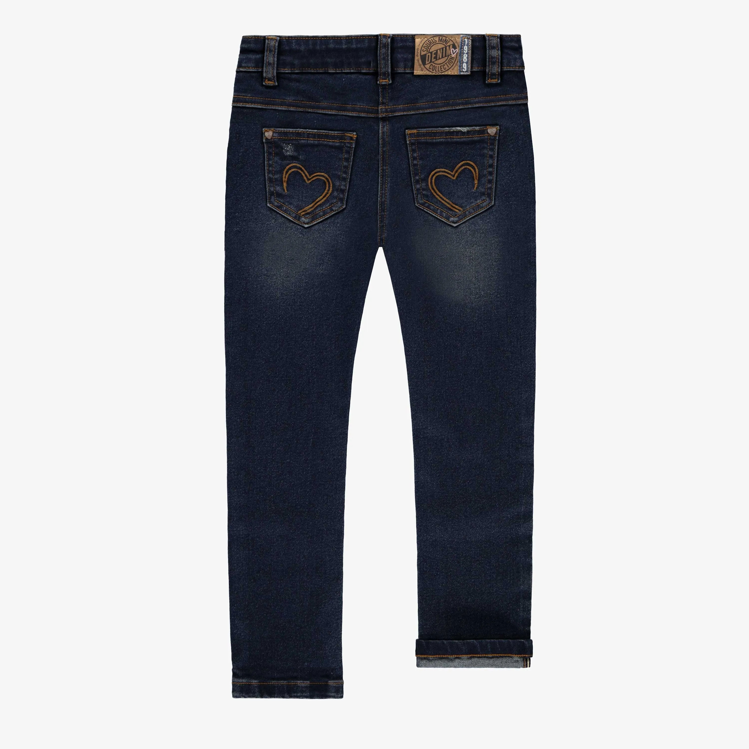 Pantalon en denim bleu foncé avec coutures apparentes, enfant || Dark blue denim pants with visible seams, child
