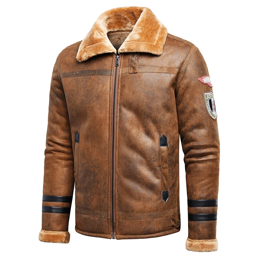Patchwork Cashmere Lined Men's Faux Leather Bomber Biker Leather Jacket