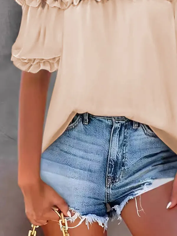 Pleated Ruffle Trim Solid Color Loose Short Sleeves Off-the-shoulder Blouses&shirts Tops