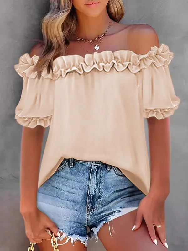 Pleated Ruffle Trim Solid Color Loose Short Sleeves Off-the-shoulder Blouses&shirts Tops