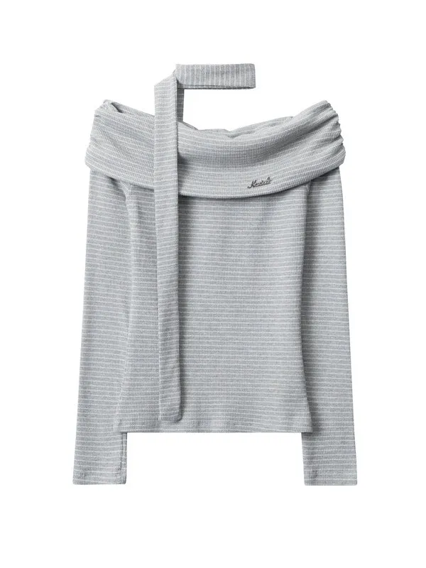 Pleated Split-Joint Striped Long Sleeves Skinny Off-the-shoulder Blouses&shirts Tops