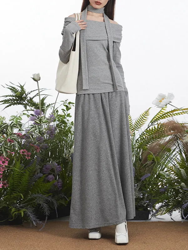 Pleated Split-Joint Striped Long Sleeves Skinny Off-the-shoulder Blouses&shirts Tops
