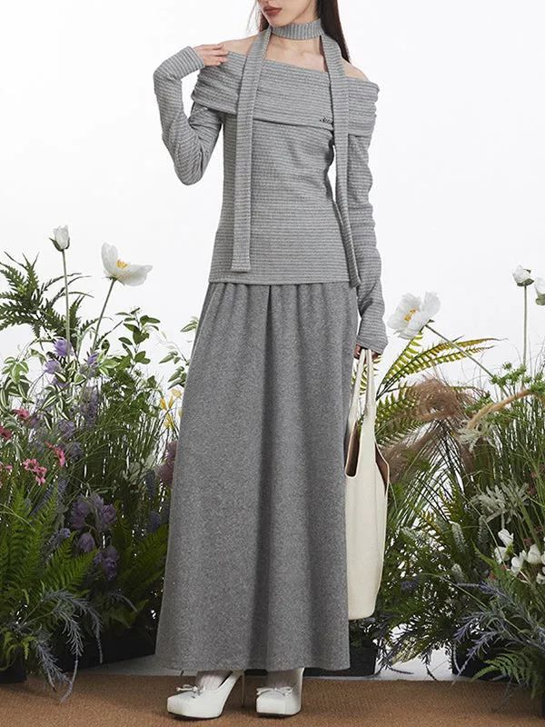 Pleated Split-Joint Striped Long Sleeves Skinny Off-the-shoulder Blouses&shirts Tops