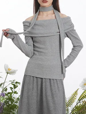 Pleated Split-Joint Striped Long Sleeves Skinny Off-the-shoulder Blouses&shirts Tops