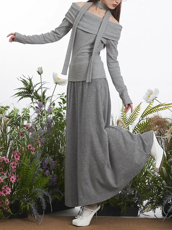 Pleated Split-Joint Striped Long Sleeves Skinny Off-the-shoulder Blouses&shirts Tops