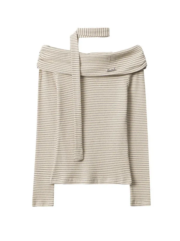 Pleated Split-Joint Striped Long Sleeves Skinny Off-the-shoulder Blouses&shirts Tops