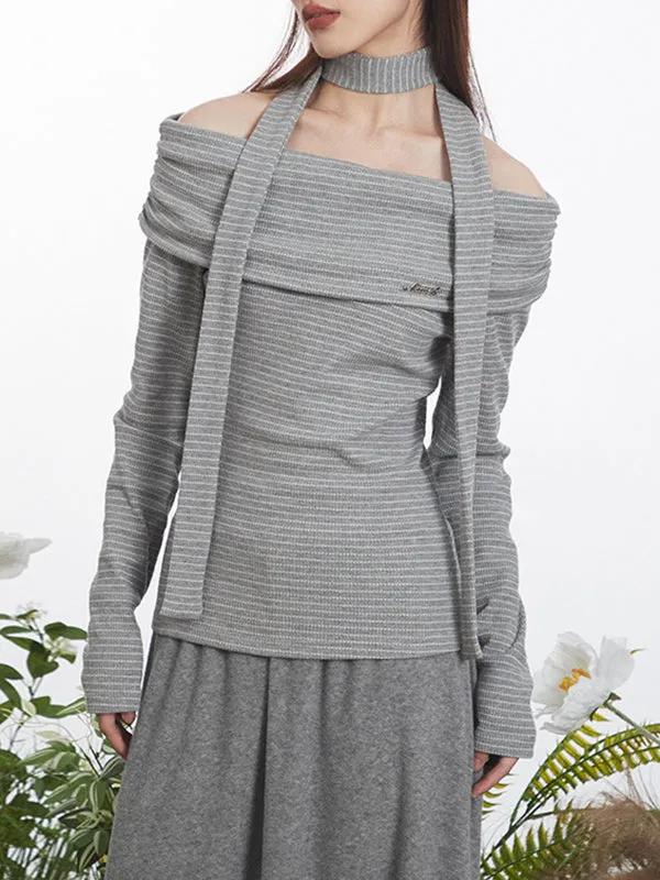 Pleated Split-Joint Striped Long Sleeves Skinny Off-the-shoulder Blouses&shirts Tops