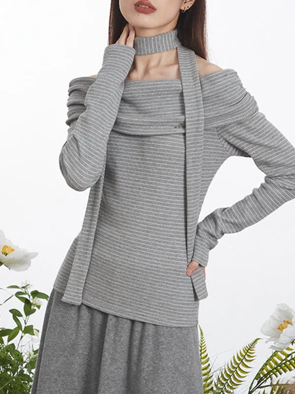 Pleated Split-Joint Striped Long Sleeves Skinny Off-the-shoulder Blouses&shirts Tops