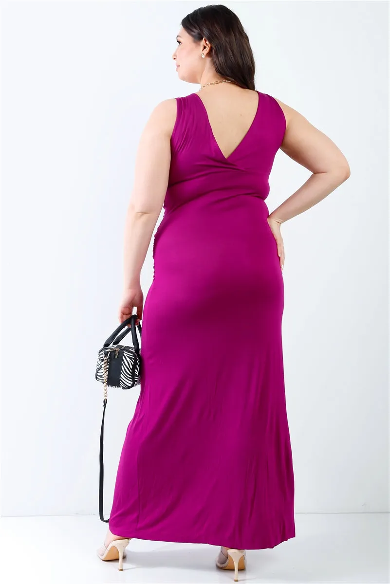 Plus V neck Sleeveless Loose Plain Long Maxi Casual Purple Dress