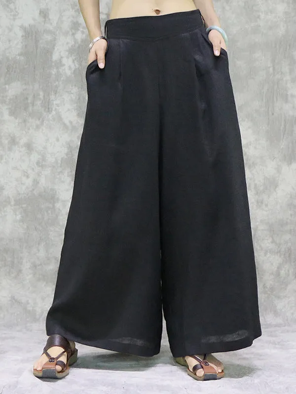 Pockets Solid Color High Waisted Loose Trousers Wide Leg Pants