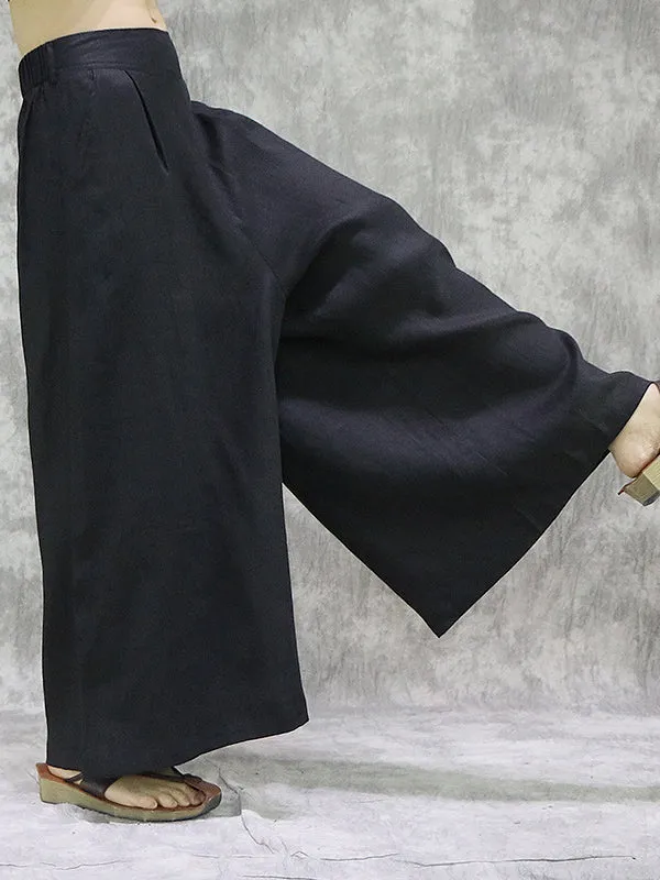 Pockets Solid Color High Waisted Loose Trousers Wide Leg Pants