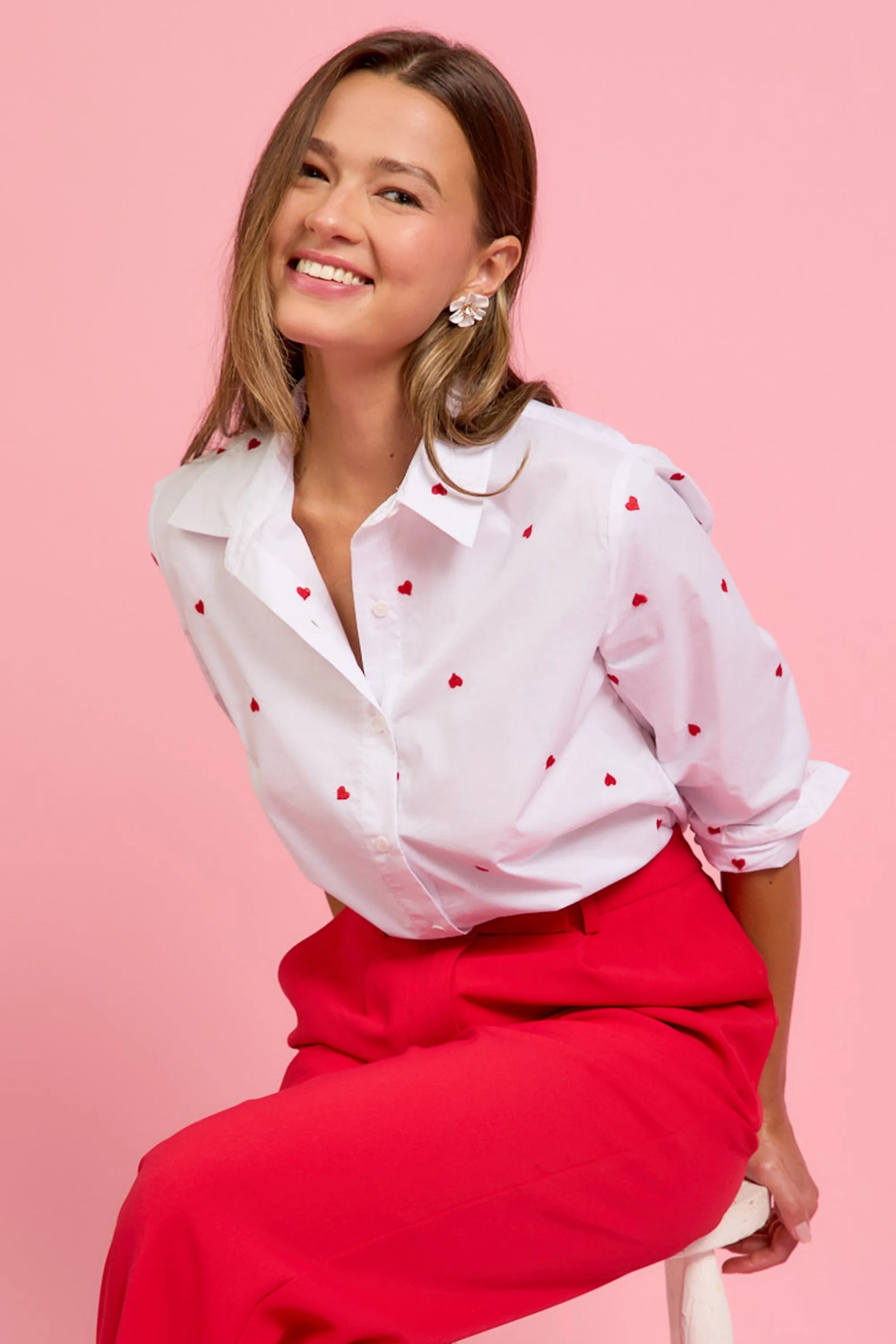Poplin Heart Embroidery Shirt - White