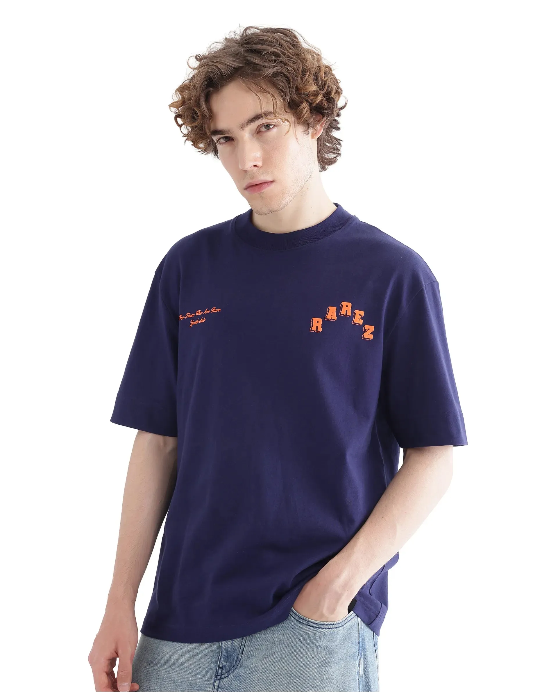 Rare Rabbit Men Kany Blue Short Sleeve Crew Neck Boxy Fit Towel Embroidered T-Shirt