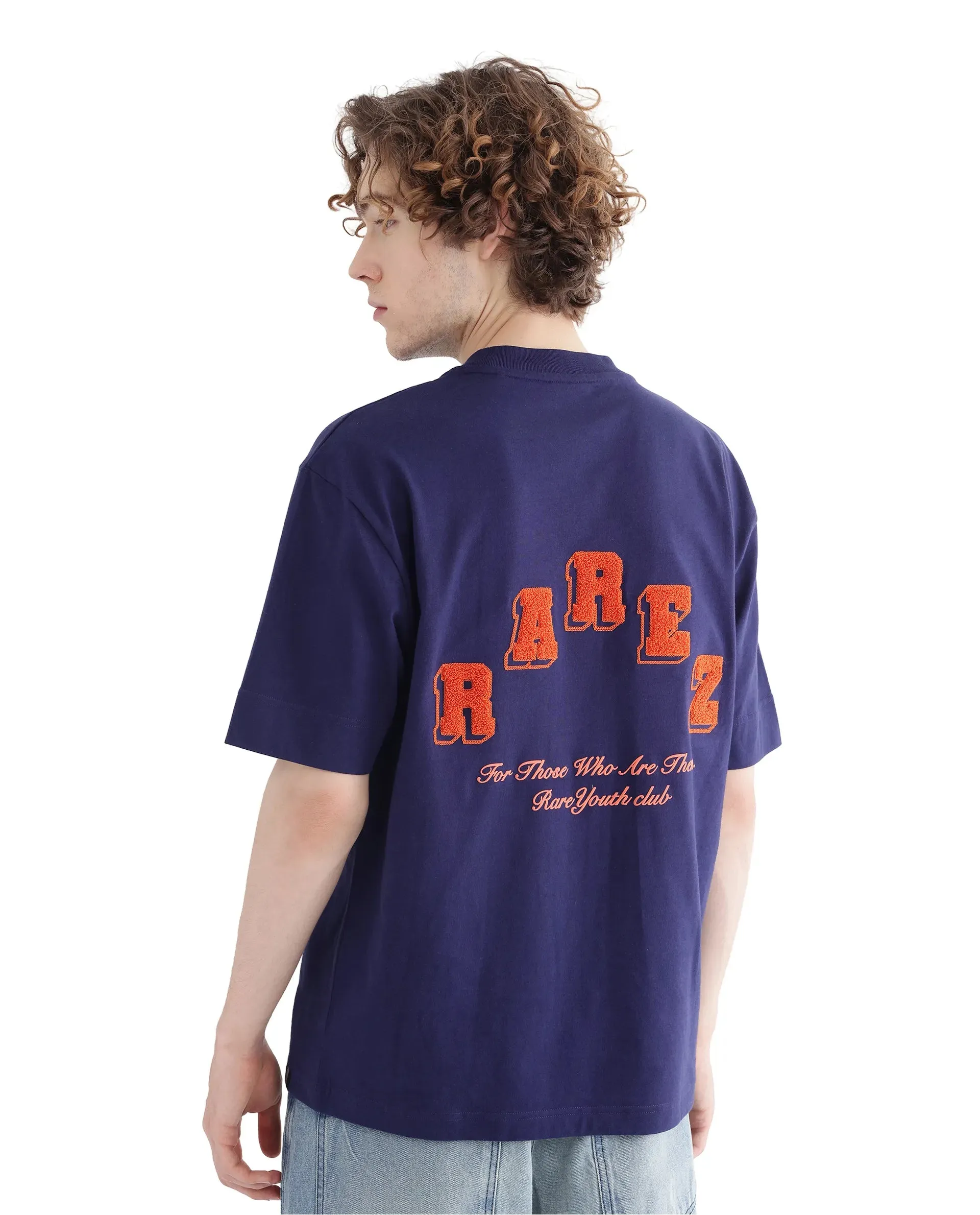 Rare Rabbit Men Kany Blue Short Sleeve Crew Neck Boxy Fit Towel Embroidered T-Shirt