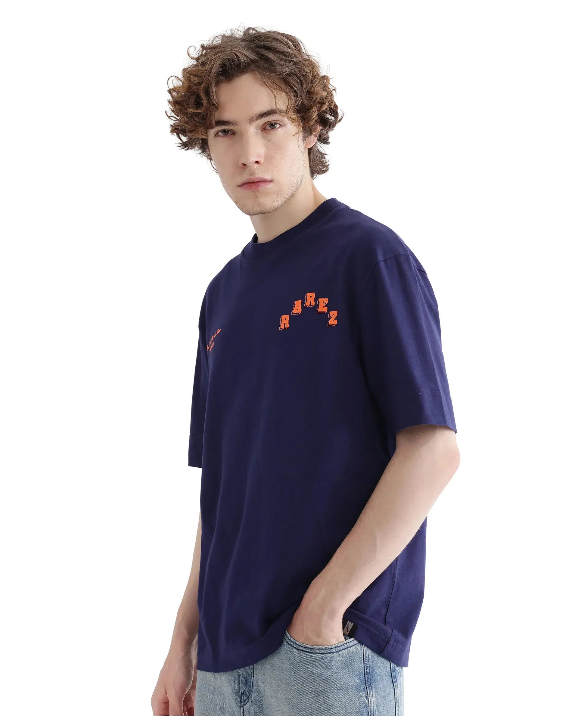 Rare Rabbit Men Kany Blue Short Sleeve Crew Neck Boxy Fit Towel Embroidered T-Shirt