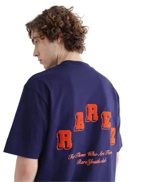 Rare Rabbit Men Kany Blue Short Sleeve Crew Neck Boxy Fit Towel Embroidered T-Shirt
