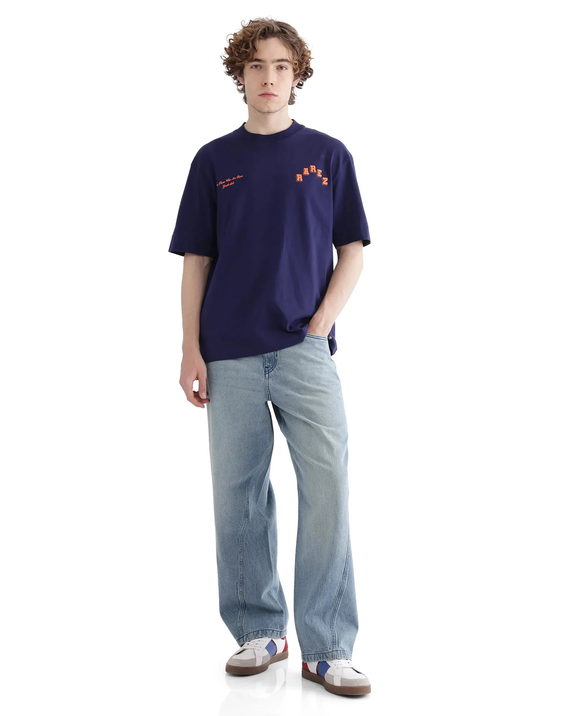 Rare Rabbit Men Kany Blue Short Sleeve Crew Neck Boxy Fit Towel Embroidered T-Shirt