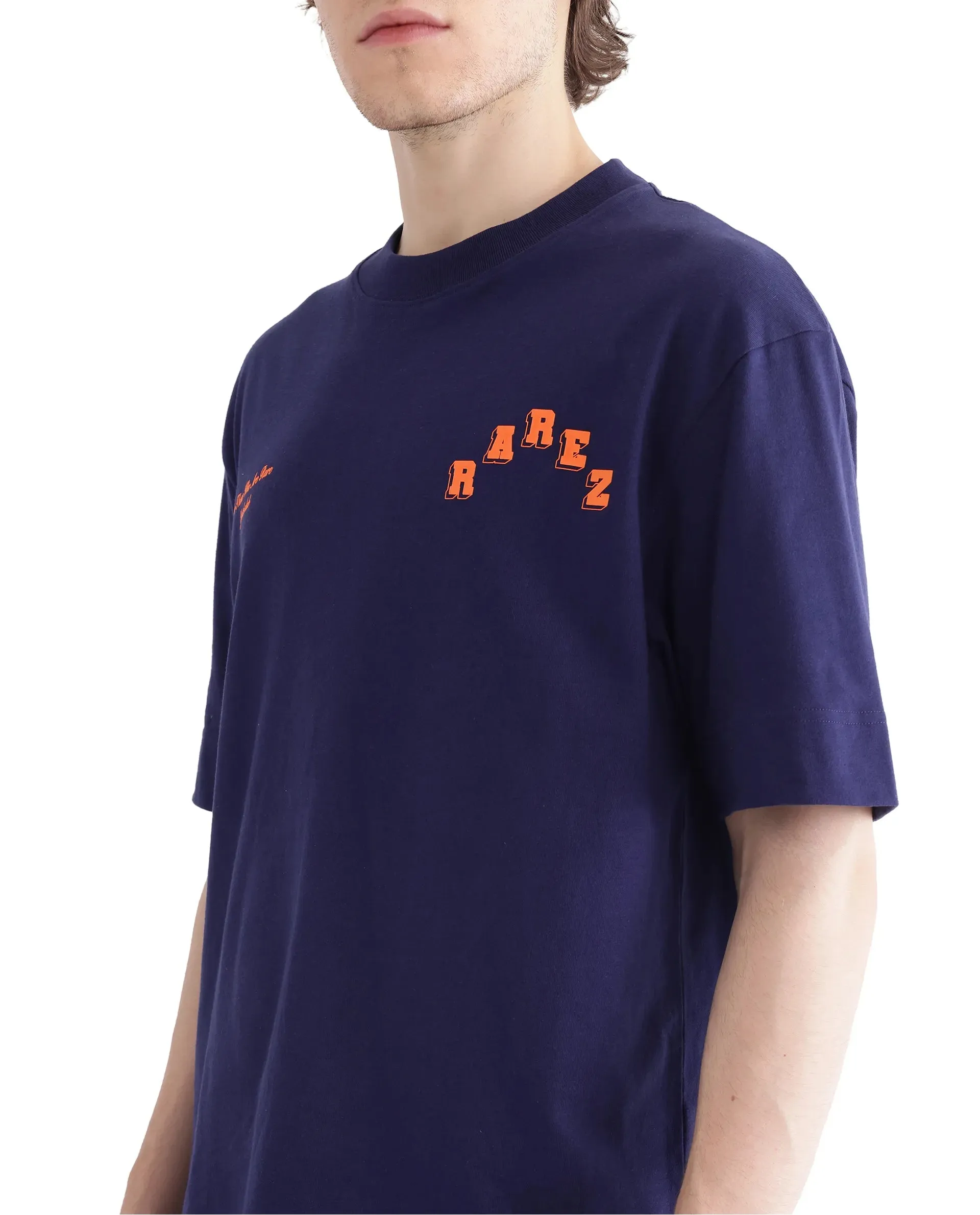 Rare Rabbit Men Kany Blue Short Sleeve Crew Neck Boxy Fit Towel Embroidered T-Shirt