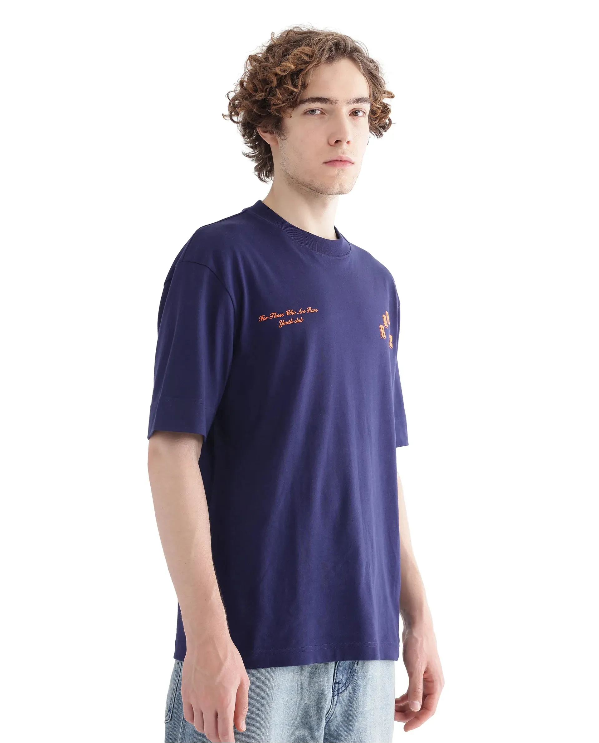 Rare Rabbit Men Kany Blue Short Sleeve Crew Neck Boxy Fit Towel Embroidered T-Shirt