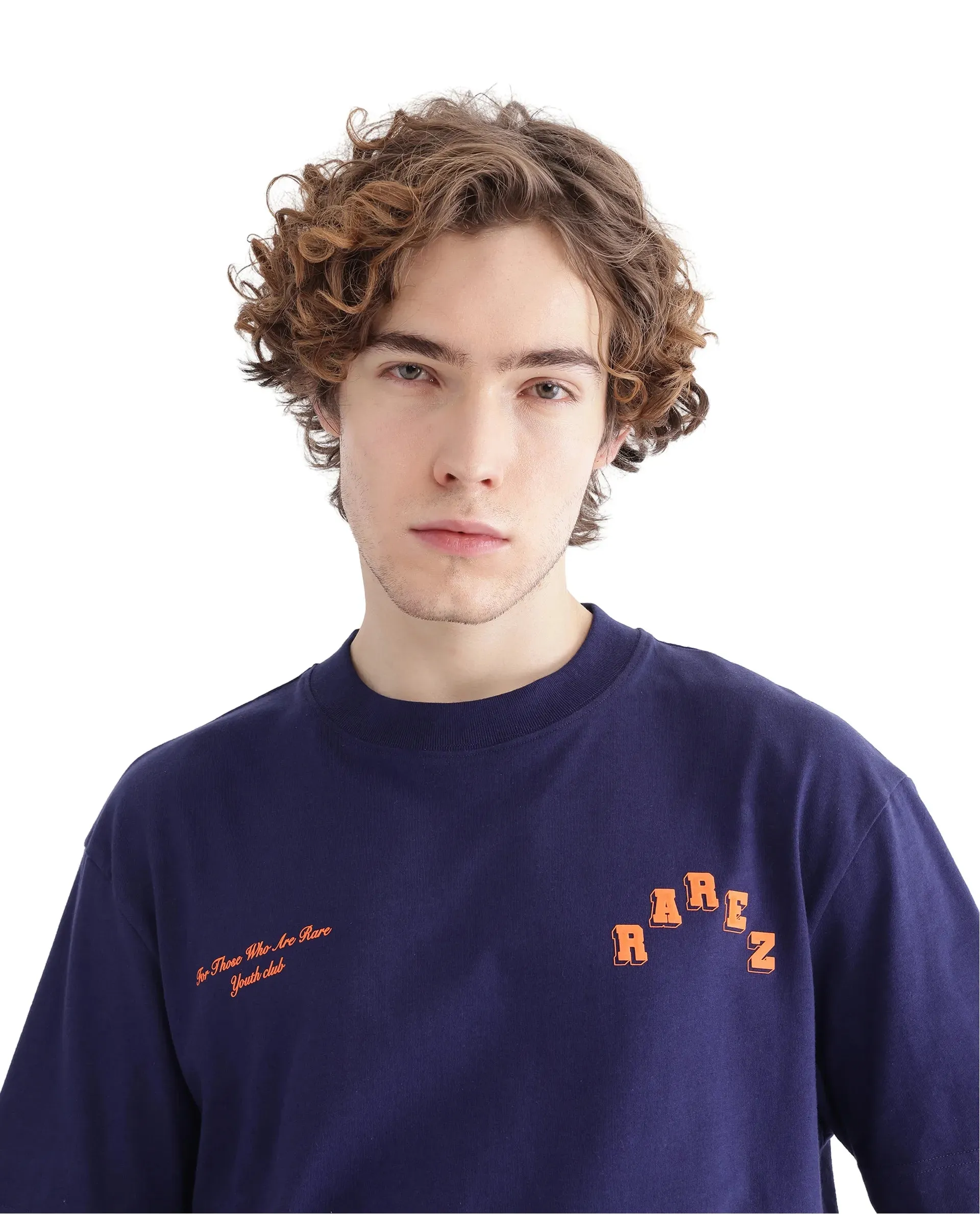 Rare Rabbit Men Kany Blue Short Sleeve Crew Neck Boxy Fit Towel Embroidered T-Shirt