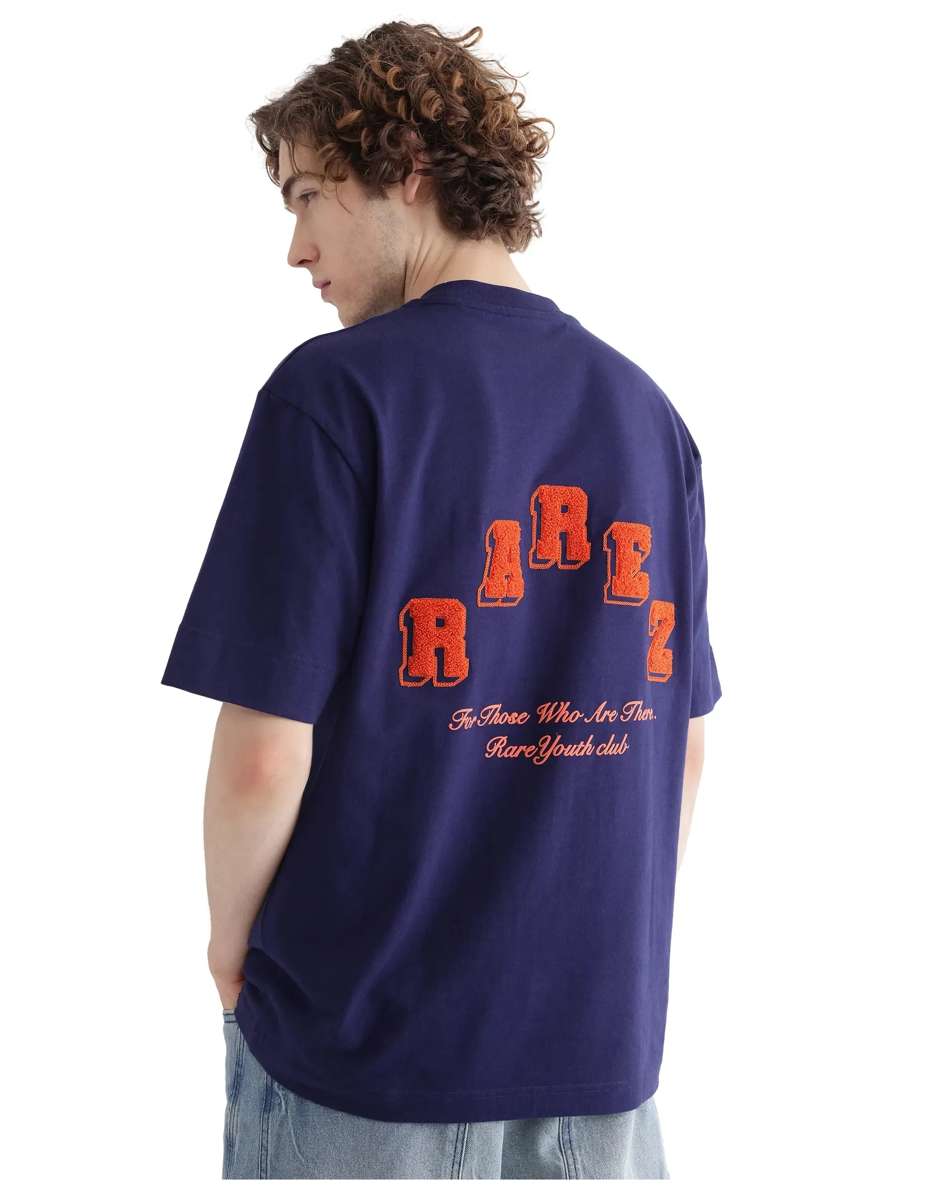 Rare Rabbit Men Kany Blue Short Sleeve Crew Neck Boxy Fit Towel Embroidered T-Shirt