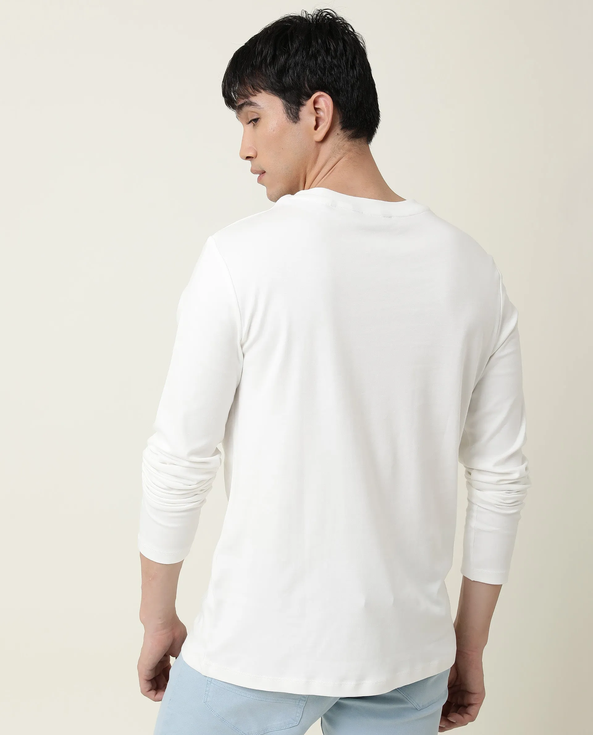 Rare Rabbit Men's Full Off-White Solid Crew Neck Full Sleeve Slim Fit T-Shirt