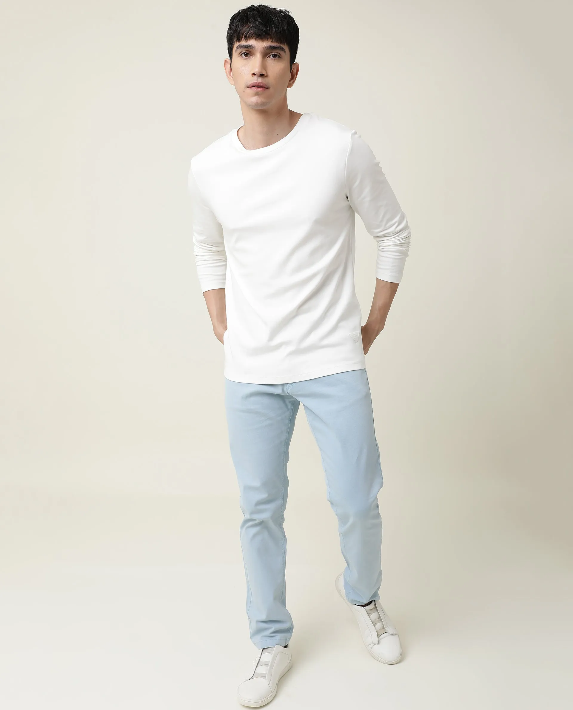 Rare Rabbit Men's Full Off-White Solid Crew Neck Full Sleeve Slim Fit T-Shirt