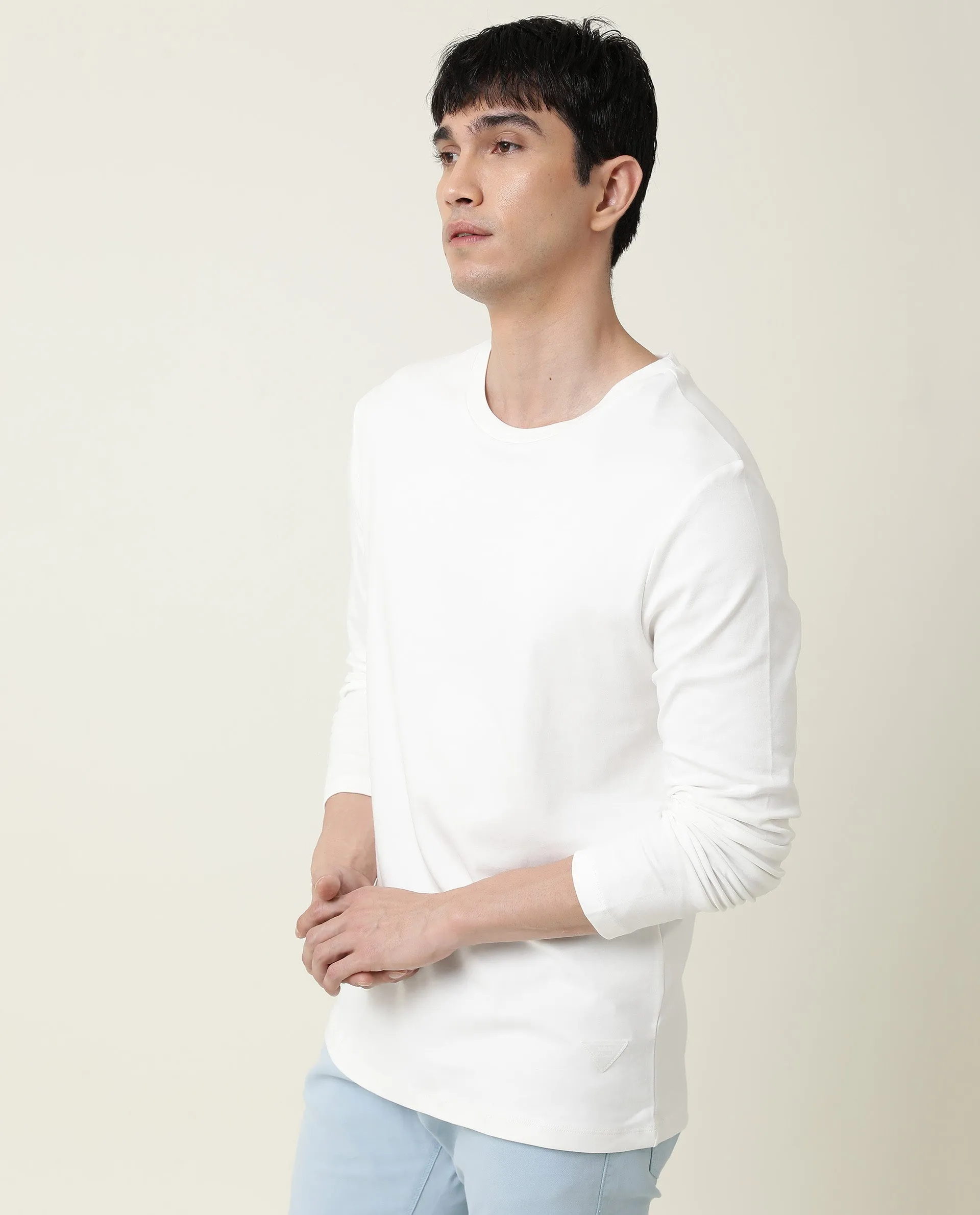 Rare Rabbit Men's Full Off-White Solid Crew Neck Full Sleeve Slim Fit T-Shirt