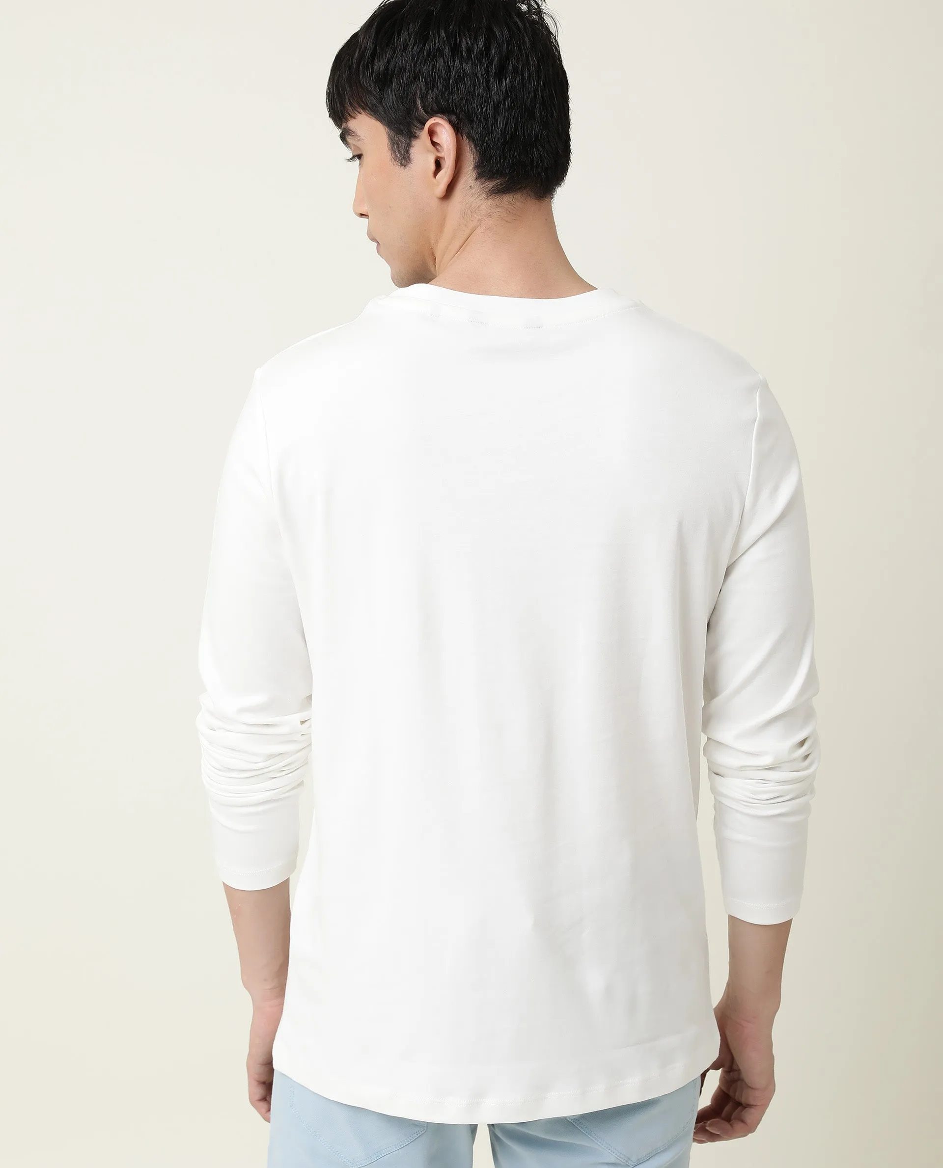 Rare Rabbit Men's Full Off-White Solid Crew Neck Full Sleeve Slim Fit T-Shirt
