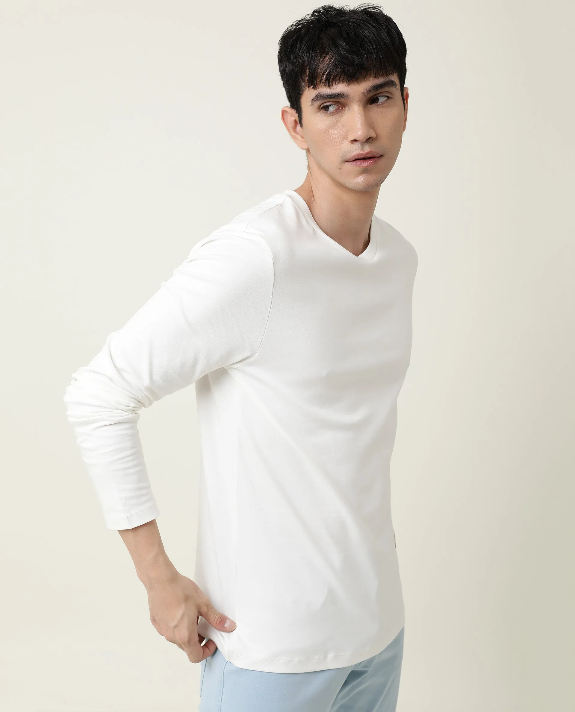 Rare Rabbit Men's Full Off-White Solid Crew Neck Full Sleeve Slim Fit T-Shirt
