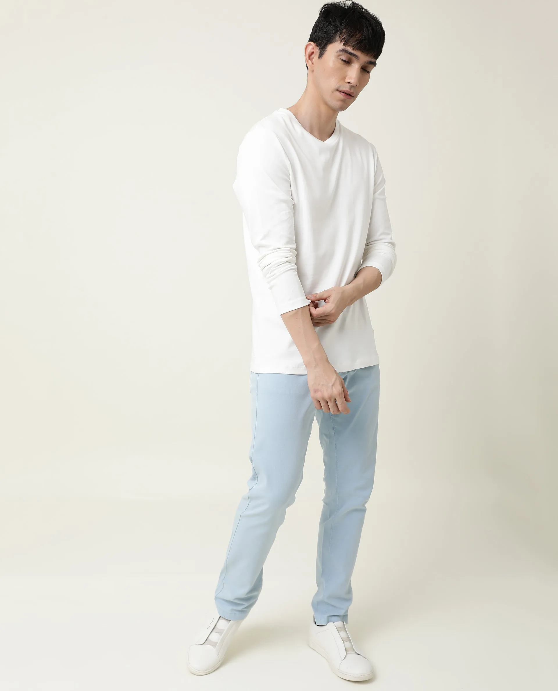 Rare Rabbit Men's Full Off-White Solid Crew Neck Full Sleeve Slim Fit T-Shirt