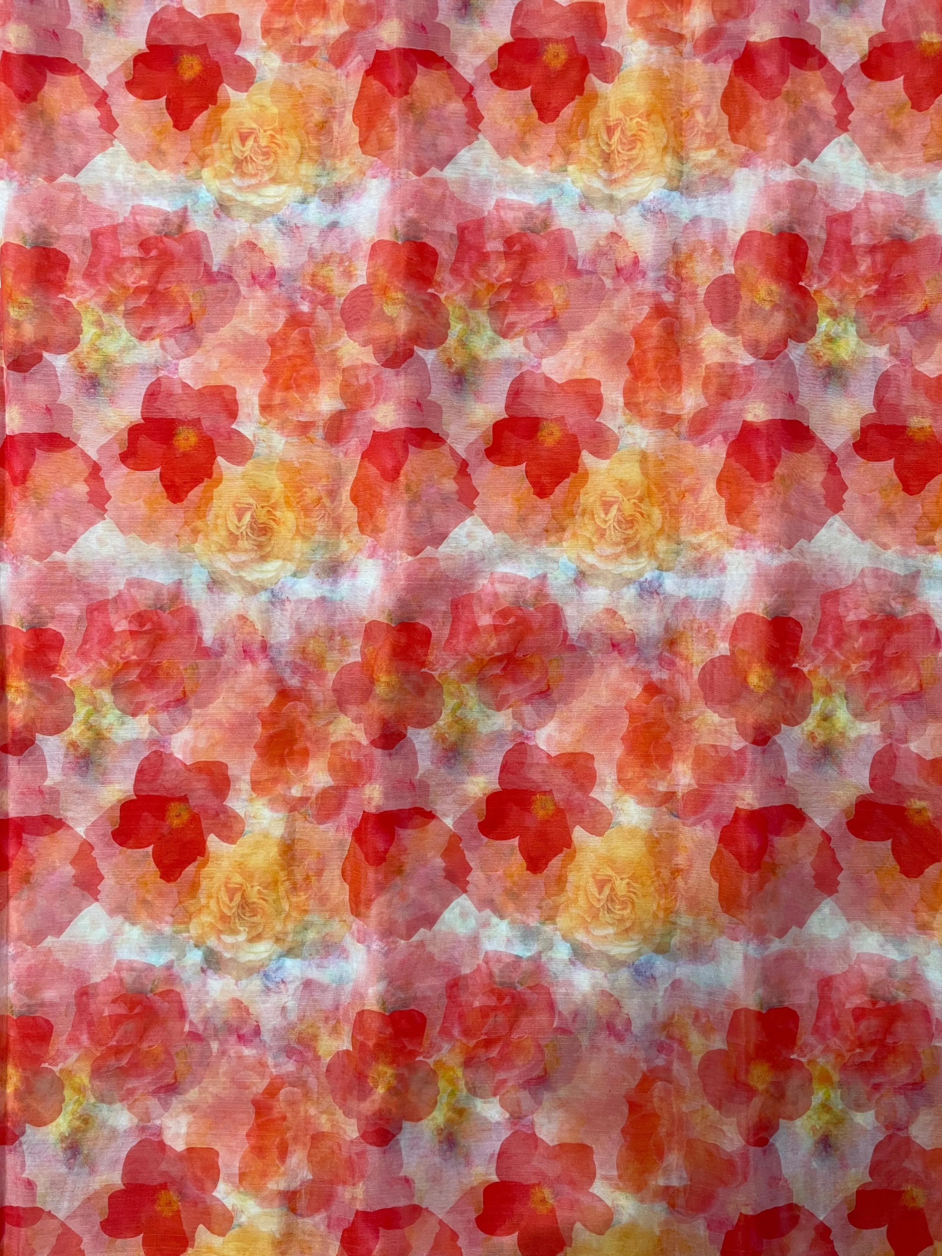 Red & Orange Floral Printed Organza Fabric