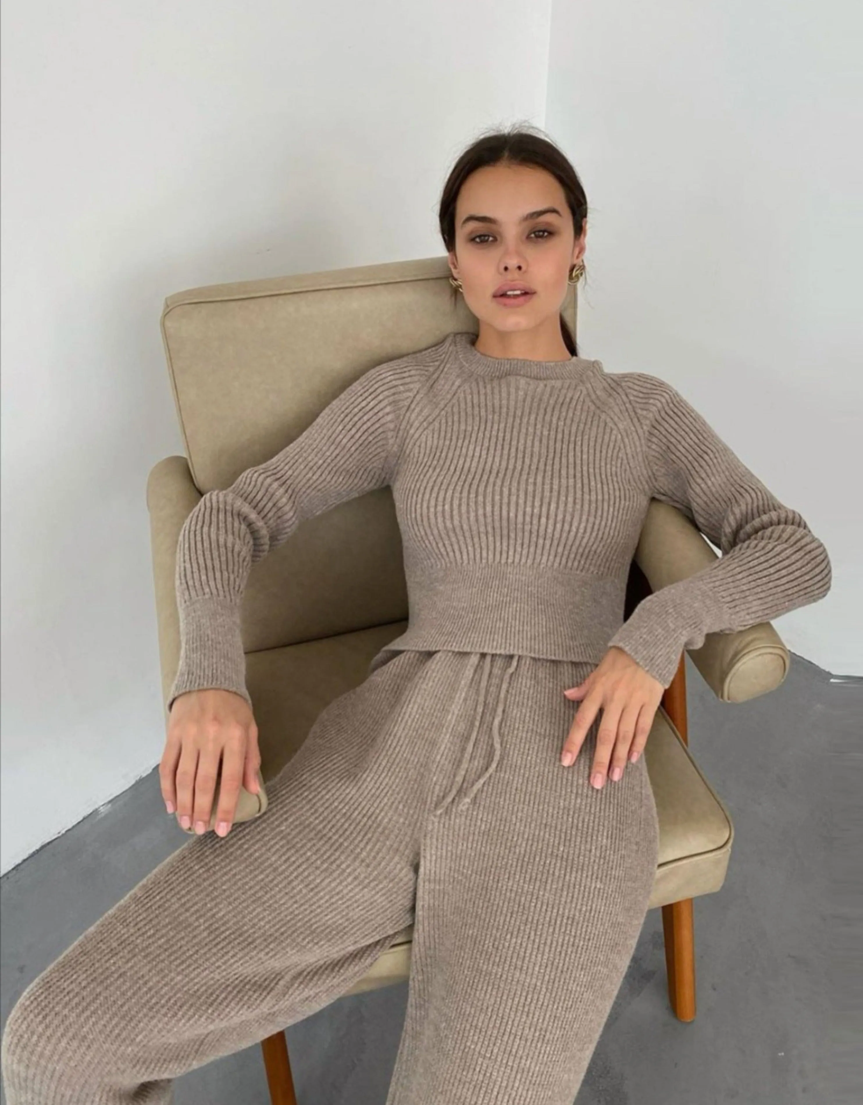 Rib Knit Flared Pants Set