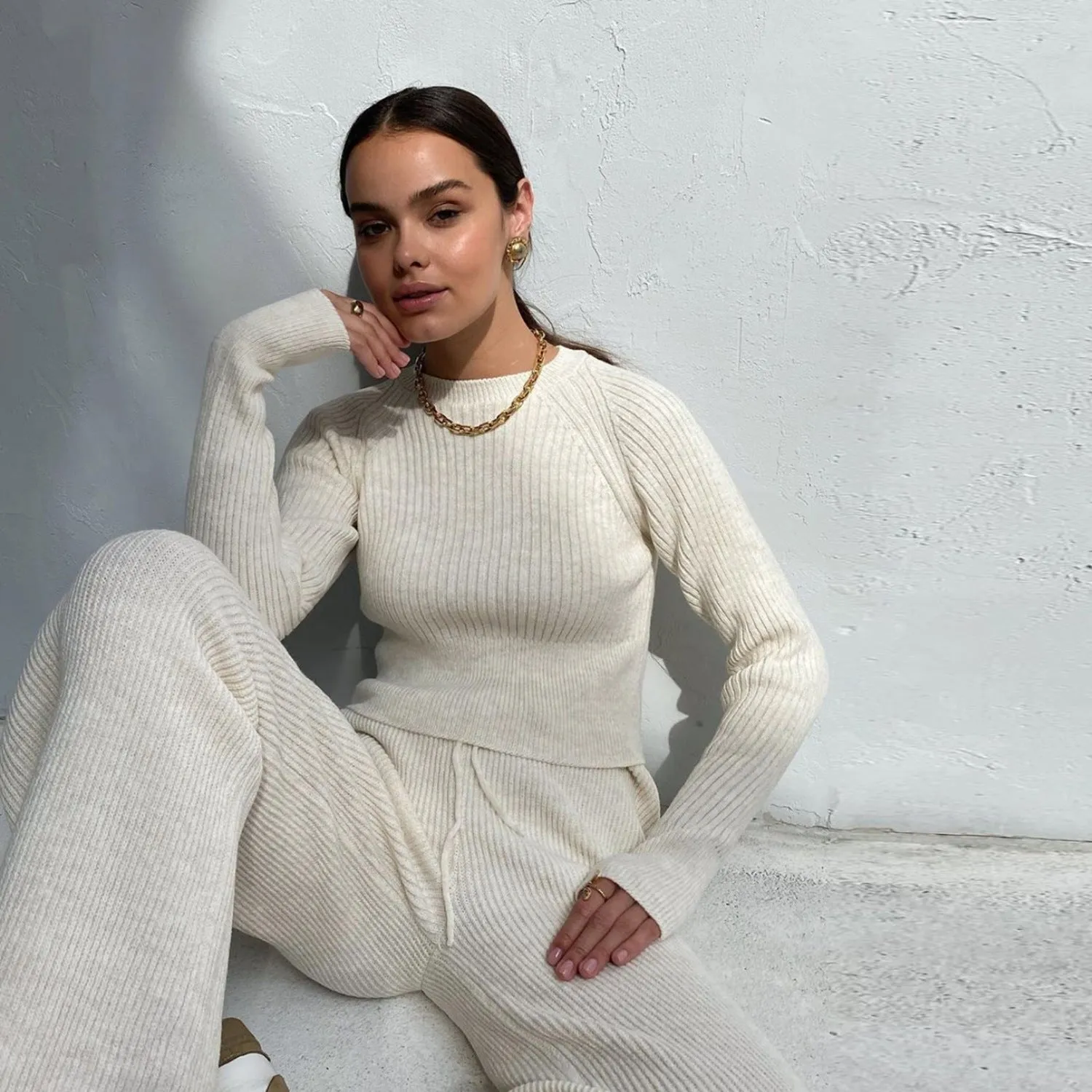 Rib Knit Flared Pants Set