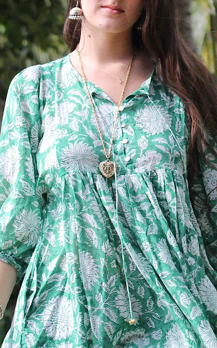 River Goddess 100% Cotton Midi Dress in Hawa Emerald